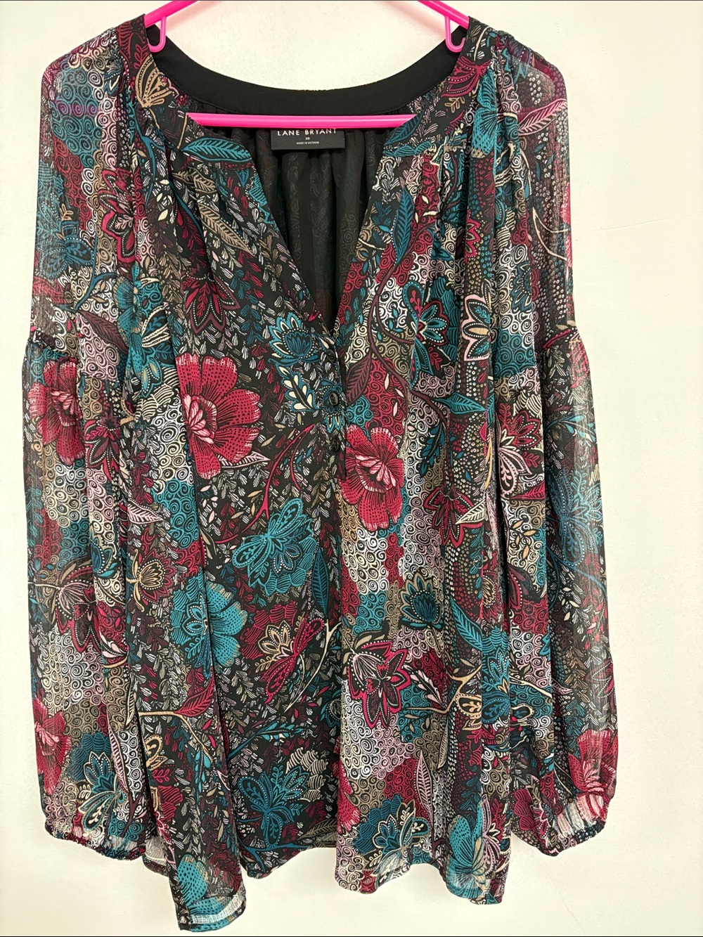 Lane Bryant Size 20 Floral Chiffon Blouse Multicolor Sheer Sleeve